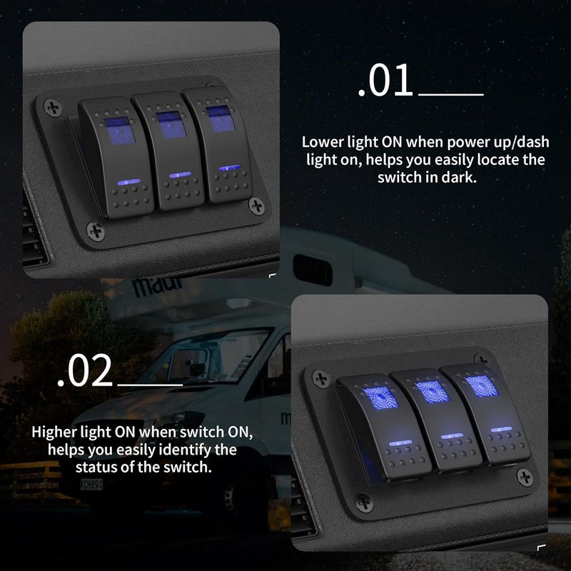 DAIERTEK Marine Switch Panel Waterproof 12V 3 Gang Rocker Switch Panel Blue LED Light Toggle Switch Aluminum Panel Pre-Wired for Car Truck Boat RV UTV ATV RZR - Image 3